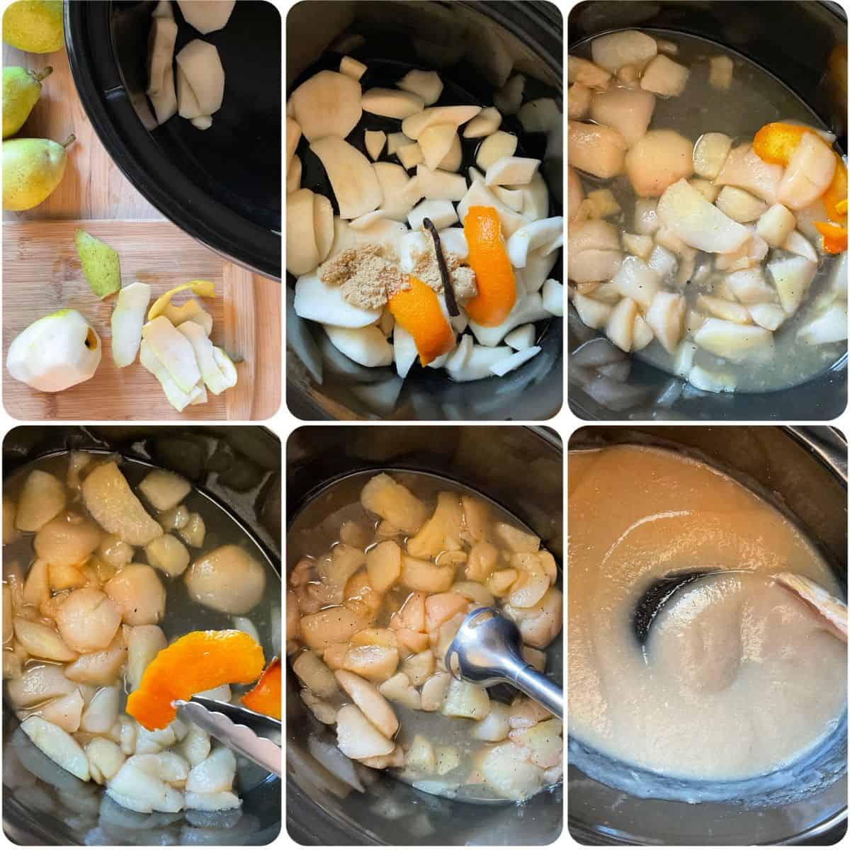 Photo collage of the process of making slow cooker pear butter.