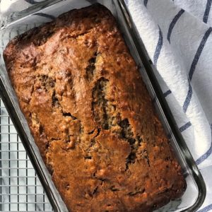 A close up of the visible crack lines of a simple banana bread.