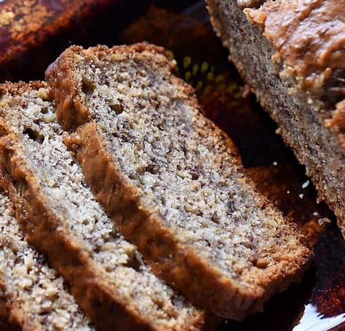 A close up of the tender crumb of this simple banana bread.