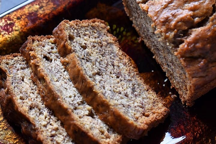 A close up of the tender crumb of this simple banana bread.