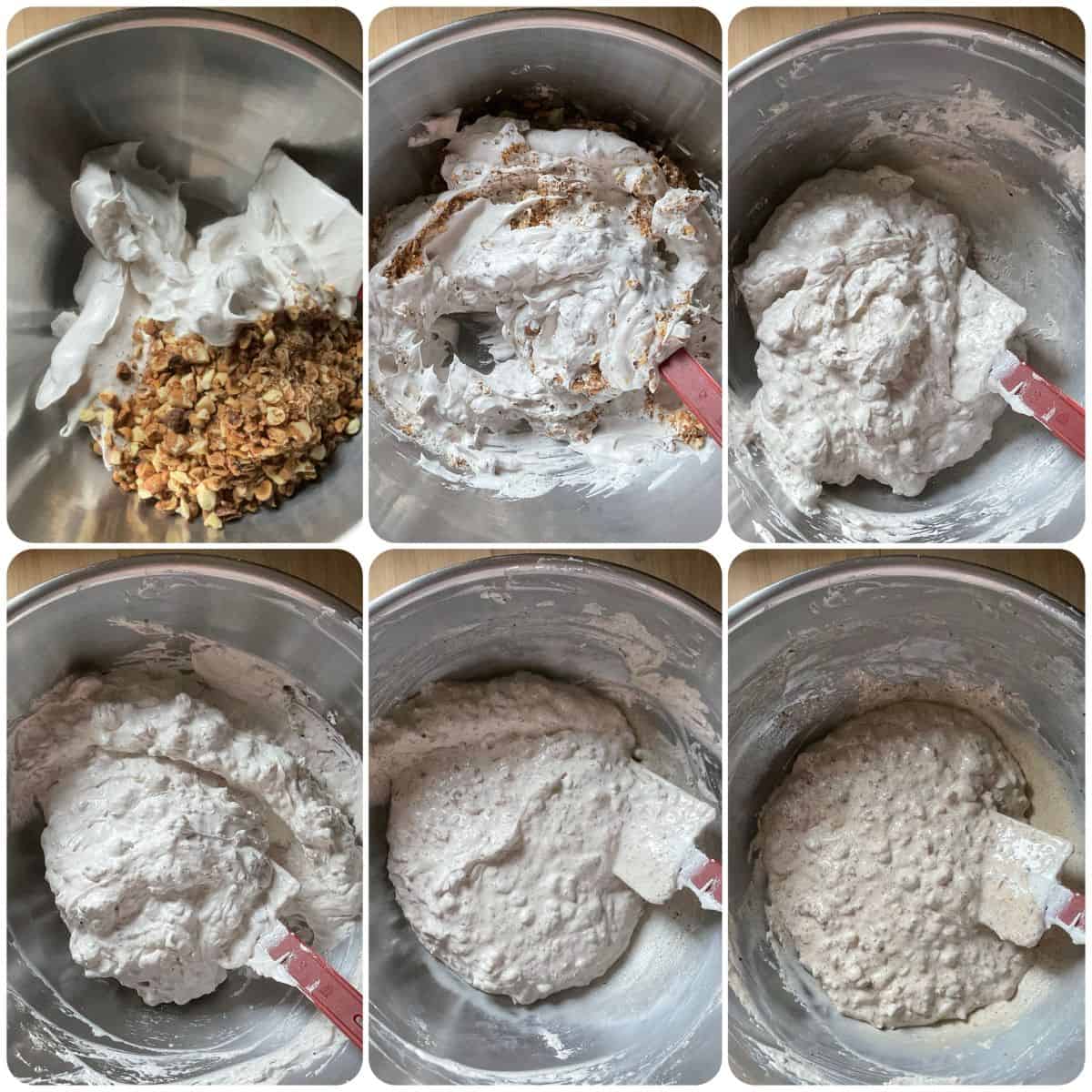 A photo collage of the nut mixture being gently heated over barely simmering water.