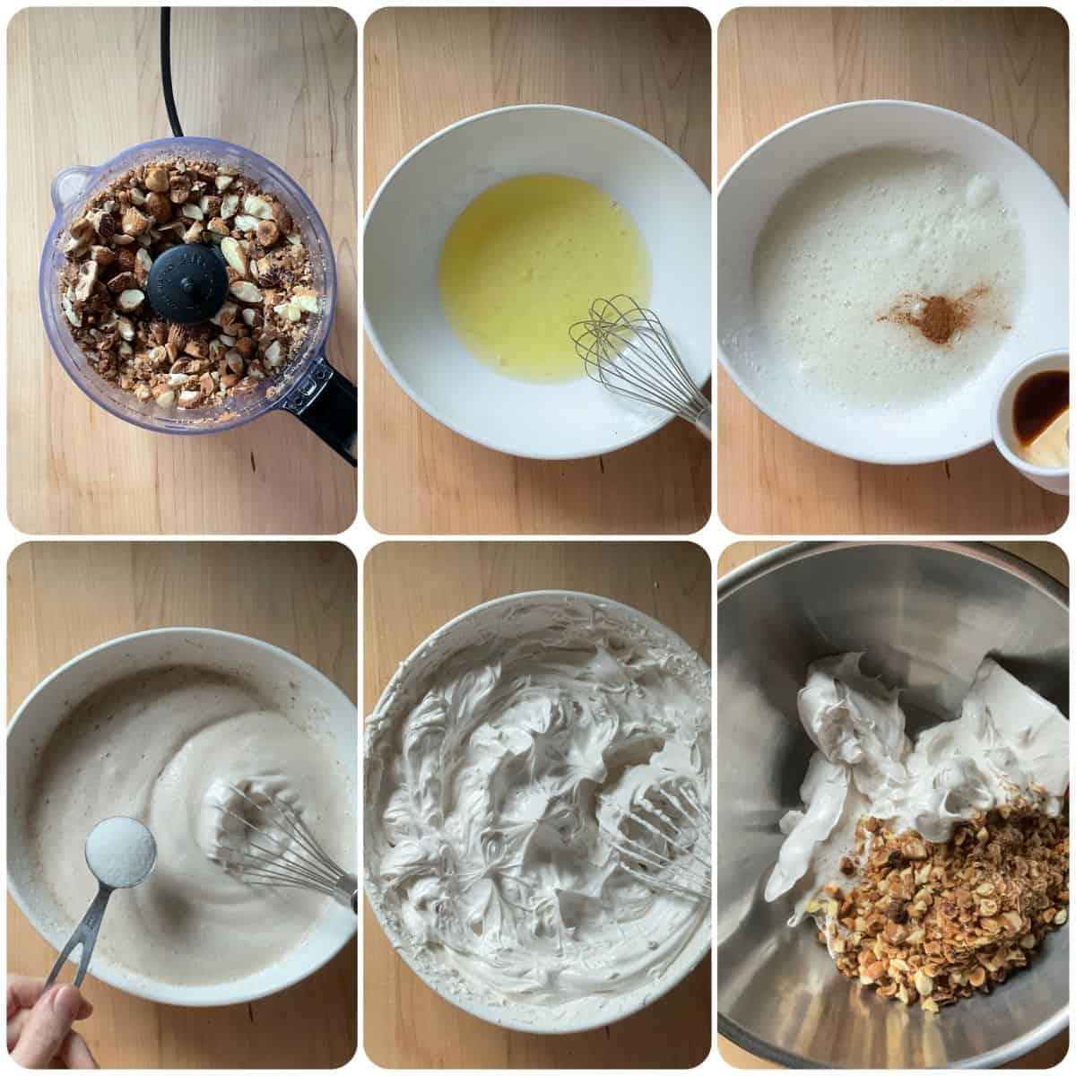 A photo collage of the chopped almonds and hazelnuts being combined with the egg whites.