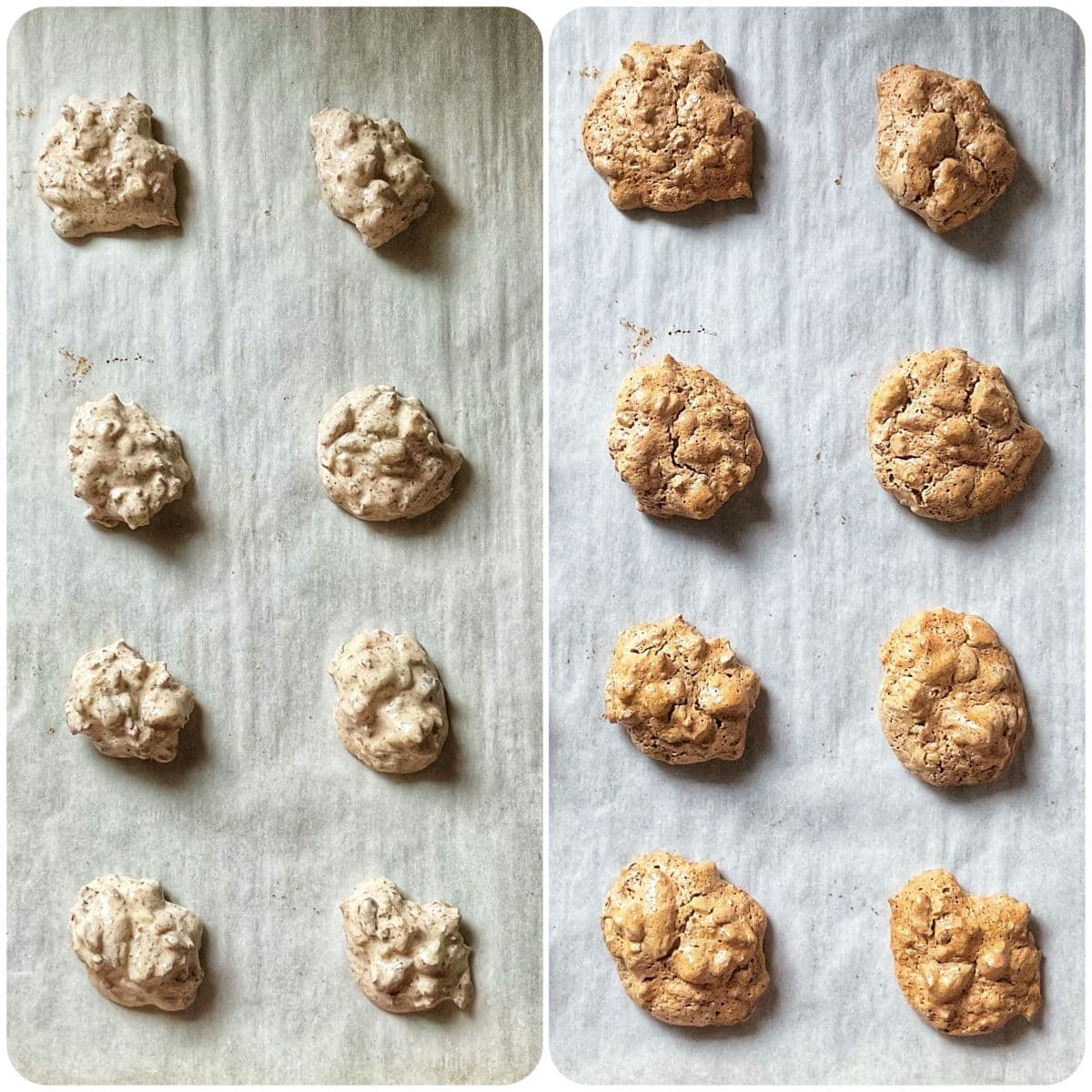 Side-by-side images of hazelnut almond meringue cookies on parchment paper before baking and golden, crisp cookies after baking.