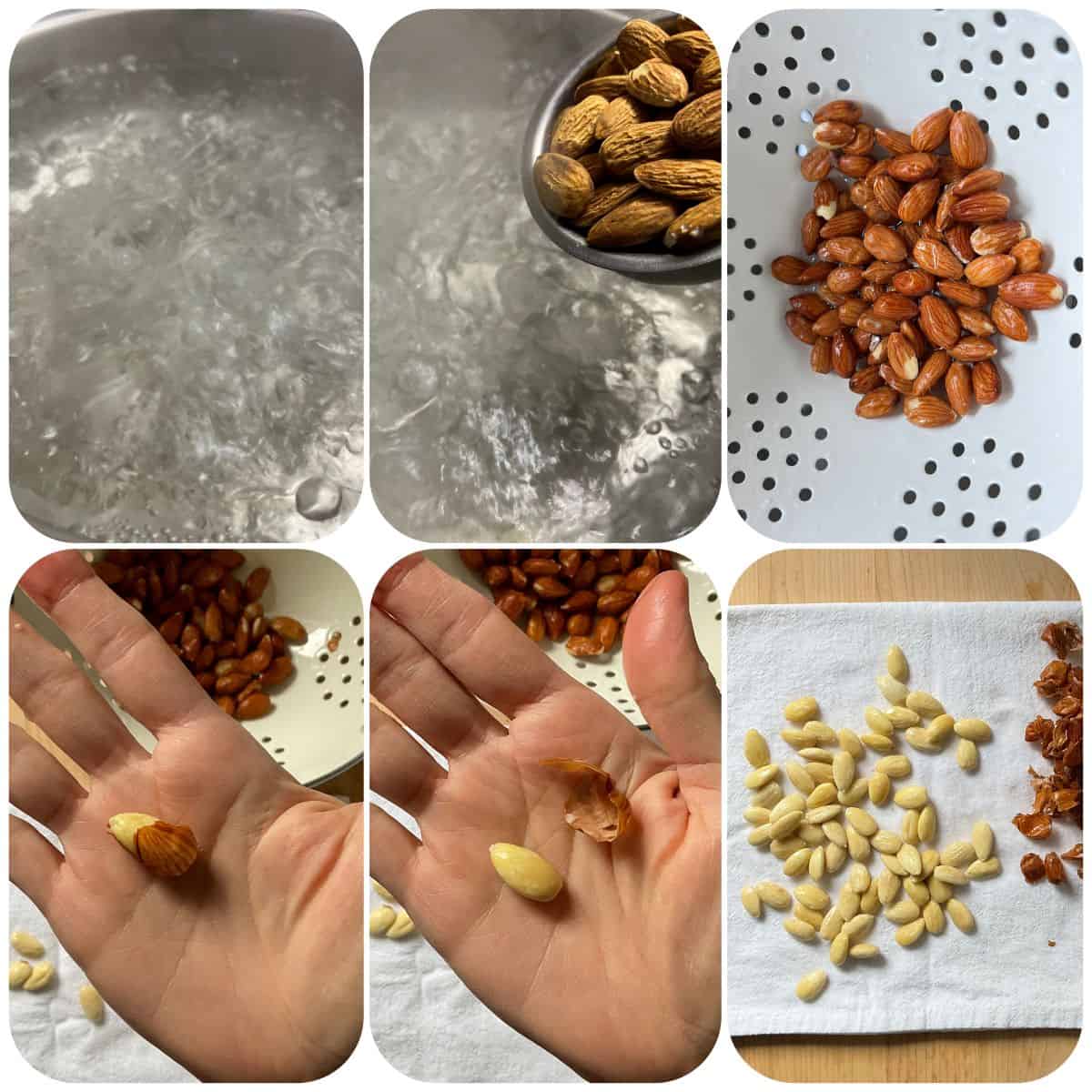 A photo collage on how to blanch almonds in 5 easy steps.