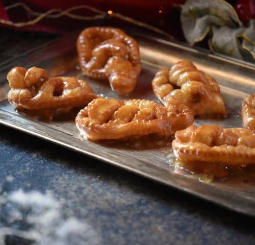 A festive looking platter of honey drenched Caragnoli.