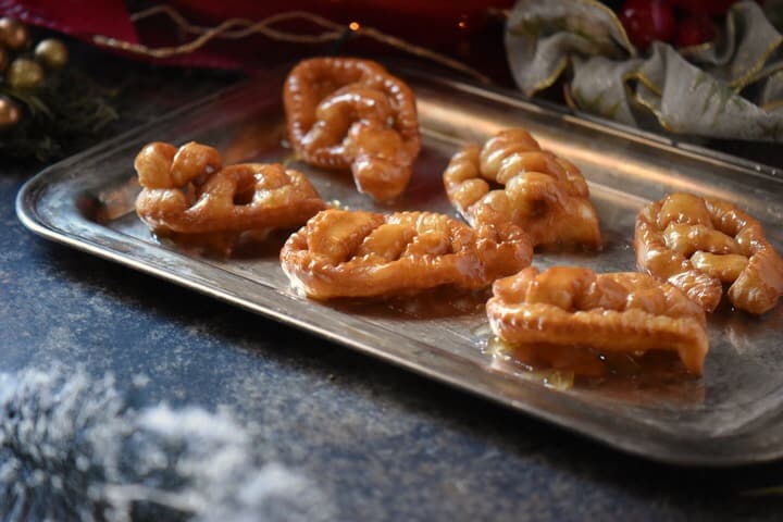 A festive looking platter of honey drenched Caragnoli.