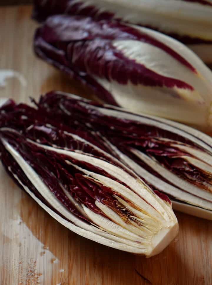 The interior of a sliced radicchio. 