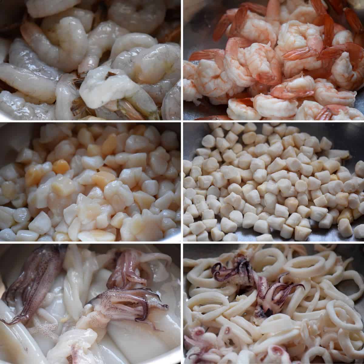 A collage of pictures showing shrimp, scallops and octopus before and after being cooked.