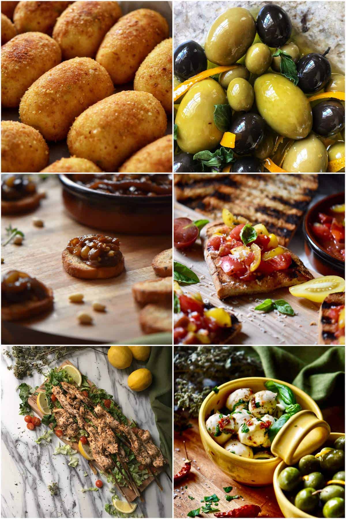 A photo collage of some Italian appetizers that are great for entertaining. Some examples include: marinated olives, eggplant caponata and marinated mozzarella balls.