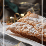 Light and crispy Italian cookies called crostoli placed on a white serving tray.