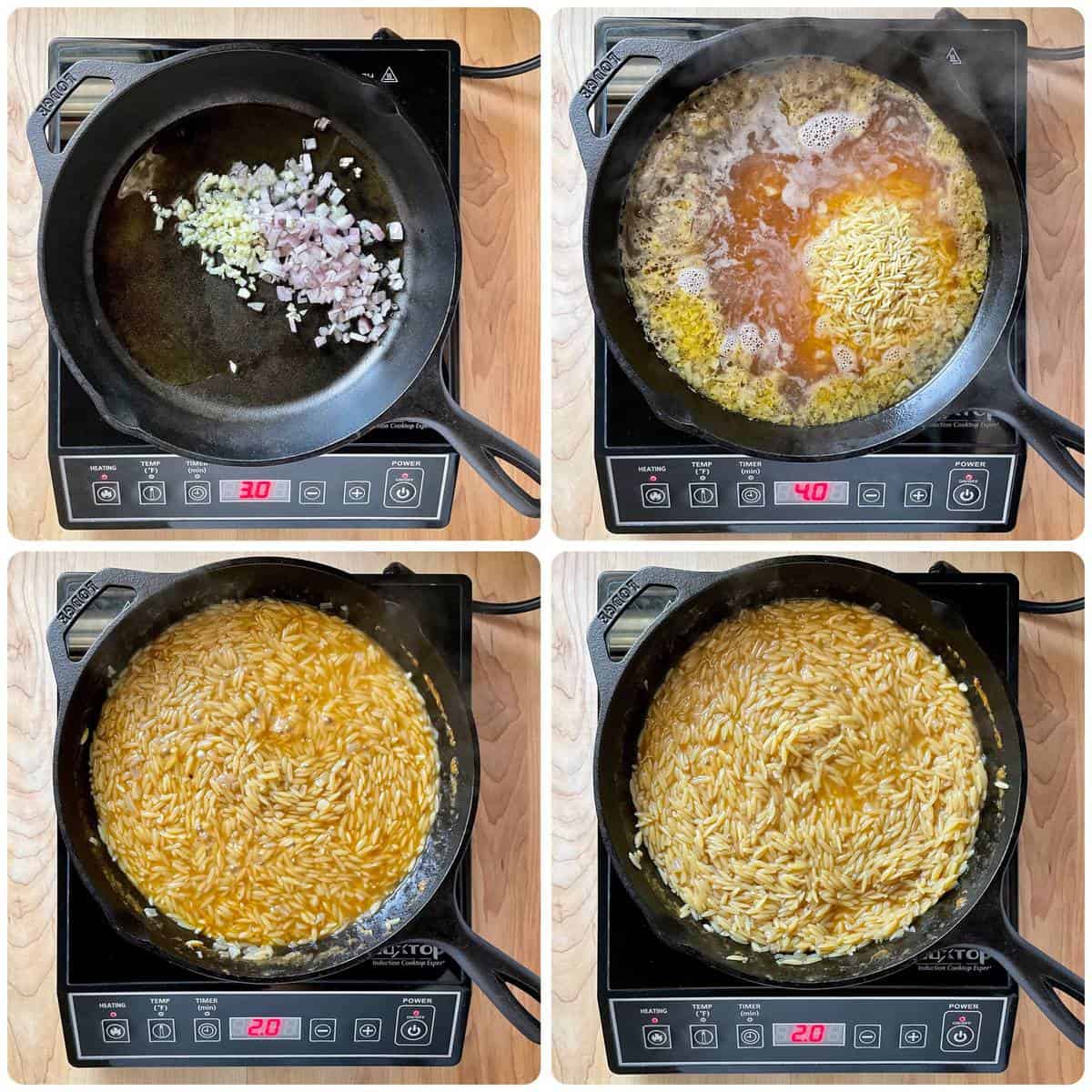 Shallots and garlic are being sauteed in a large stainless steel pan.