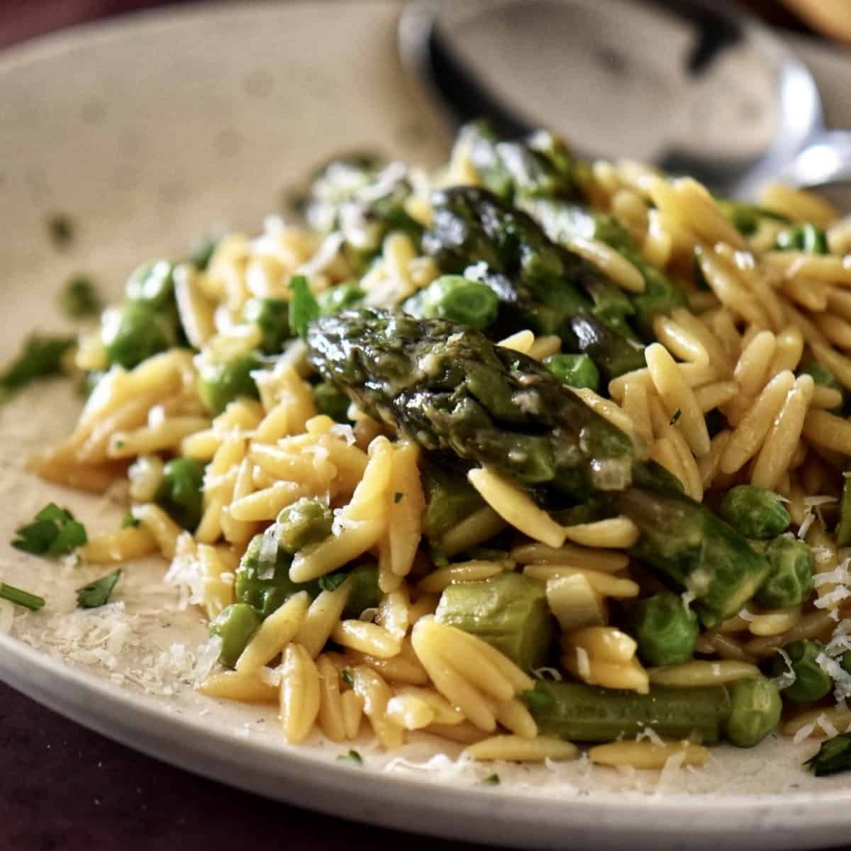 A bowl of spring vegetables combined withe orzo risotto make the perfect side dish.
