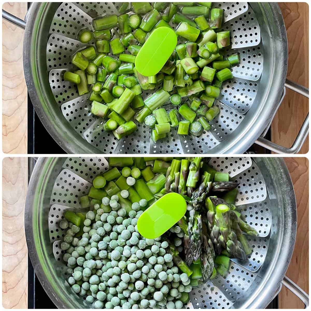 An overhead shot of peas and asparagus in a steamer basket in a large pot.