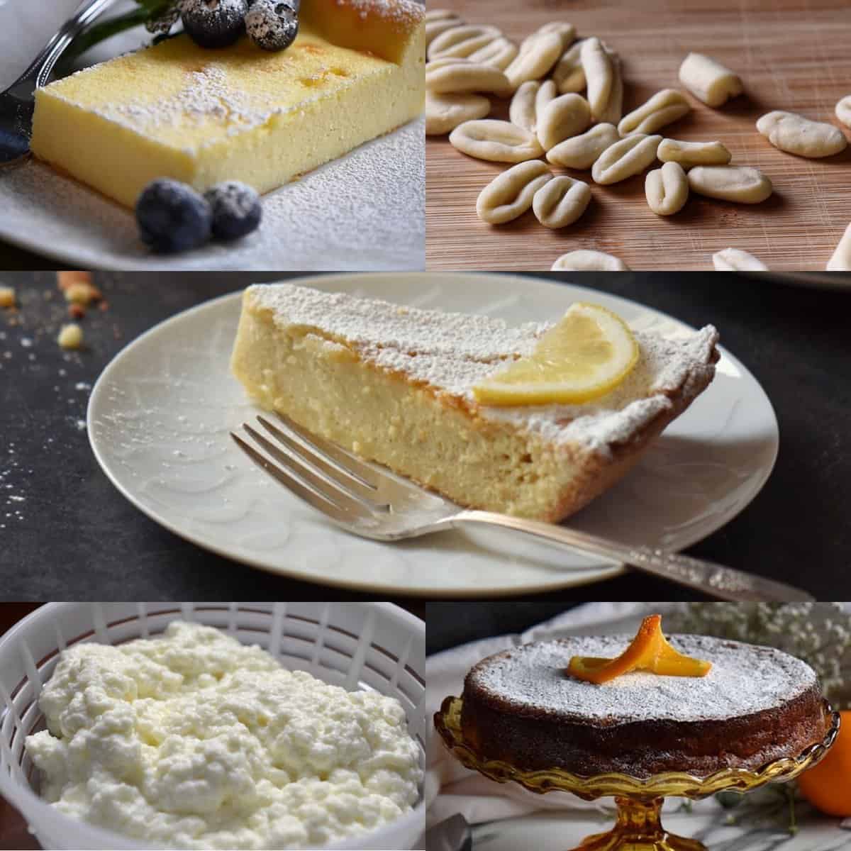 A photo collage of Ricotta Cheese Recipes, includes Ricotta Cake and Rice Ricotta Easter Pie.