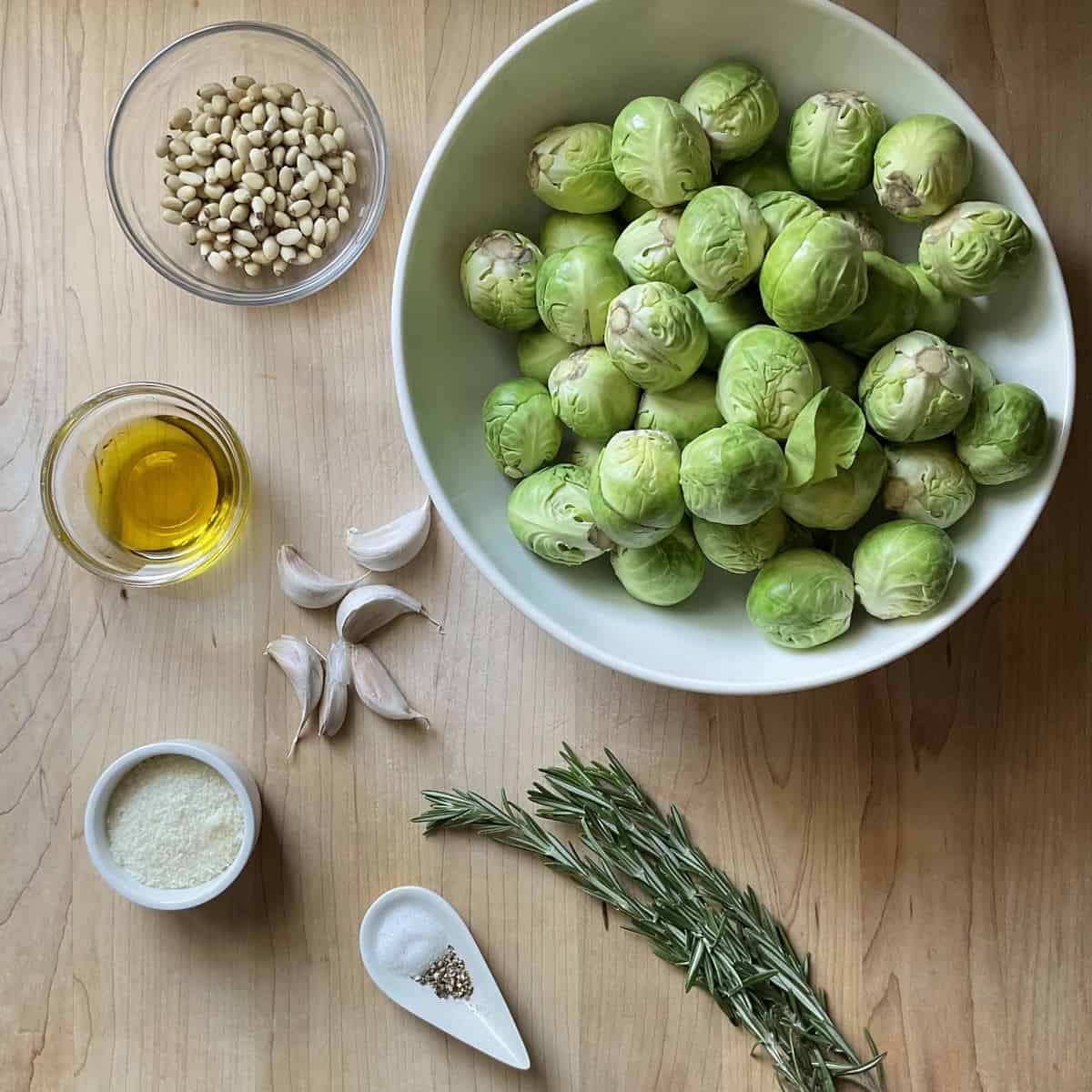 Ingredients to make oven roasted Brussels sprouts.