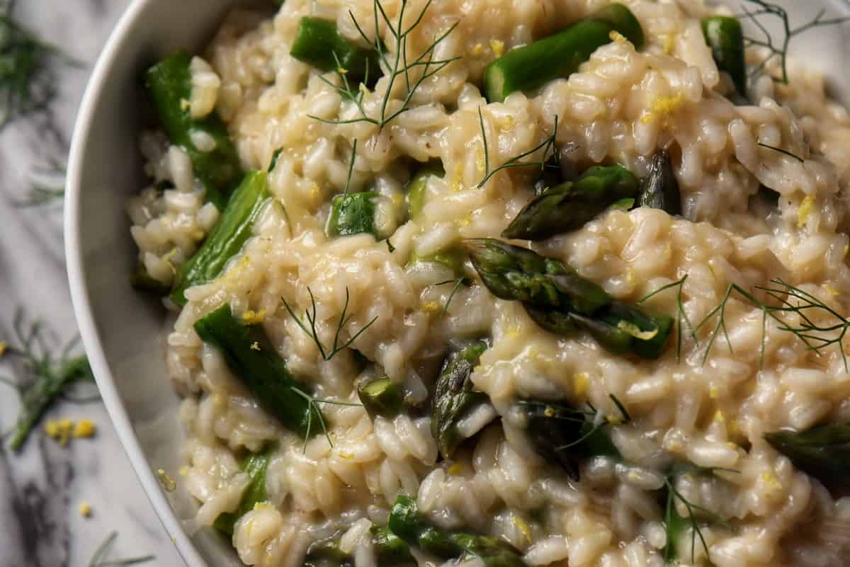 An overhead photo of asparagus risotto.