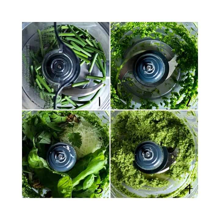 A series of process shots indicating how to make the garlic scape pesto in a food processor.