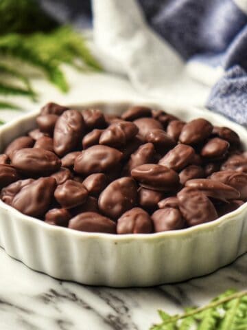 Chocolate coated almonds in a white ceramic bowl.