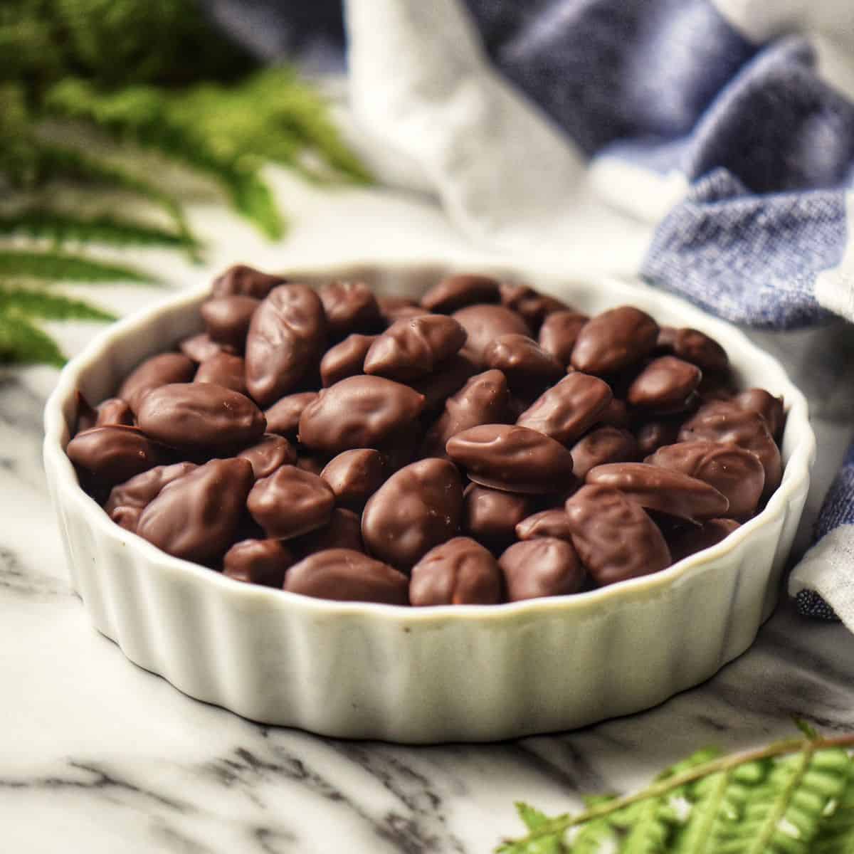 Chocolate coated almonds in a white ceramic bowl.