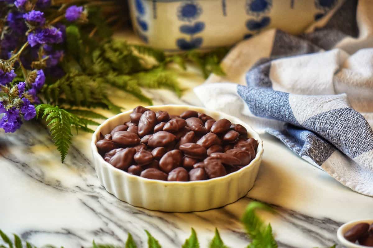 A white ceramic dish filled with dark chocolate almonds.