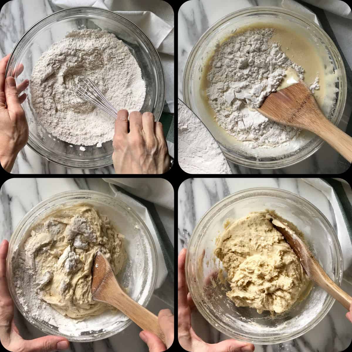 A photo collage of the dry and wet ingredients to make biscotti.