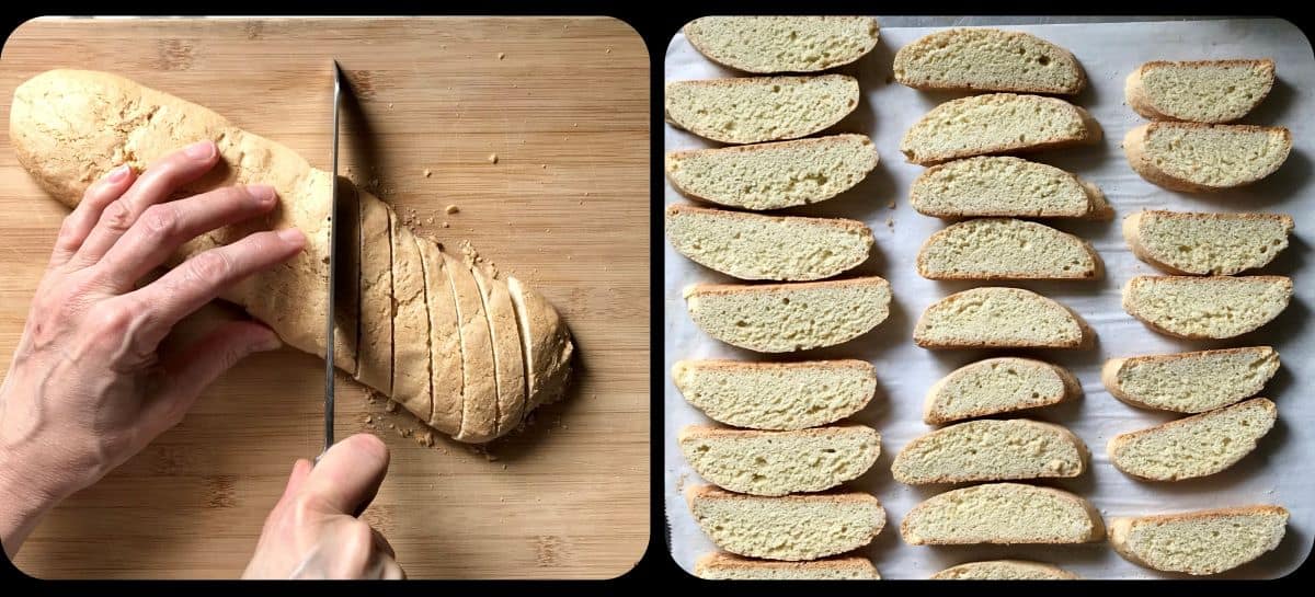 A photo collage of sliced biscotti.