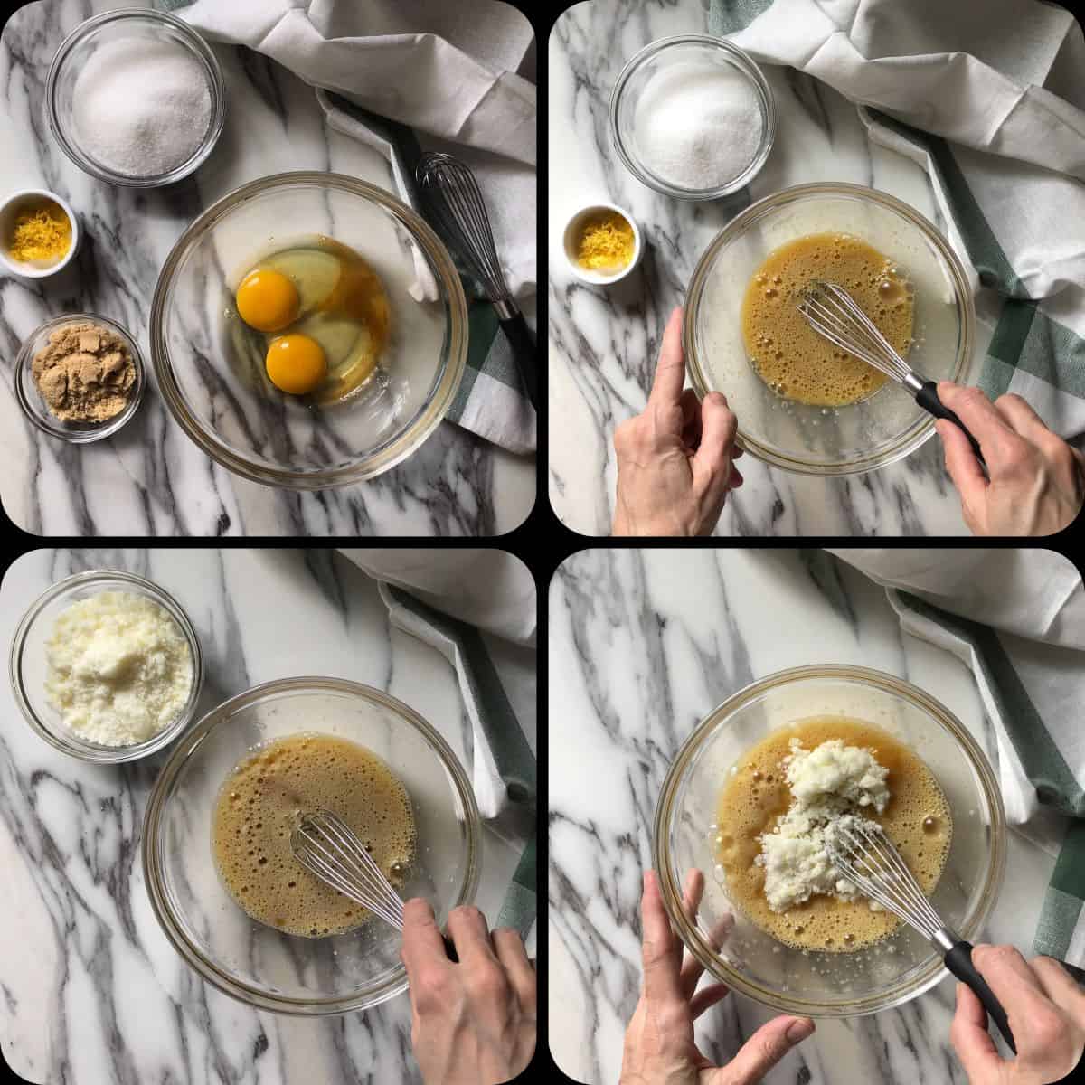 A photo collage of the wet ingredients and sugar to make biscotti.