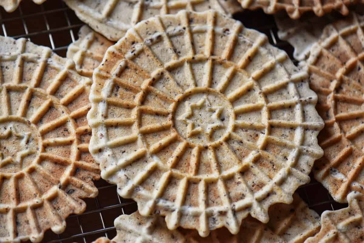 A close up of vegan pizzelle.