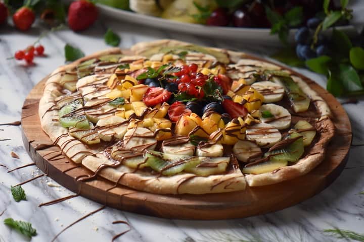 A pizza topped with fresh fruit on a wooden serving board.