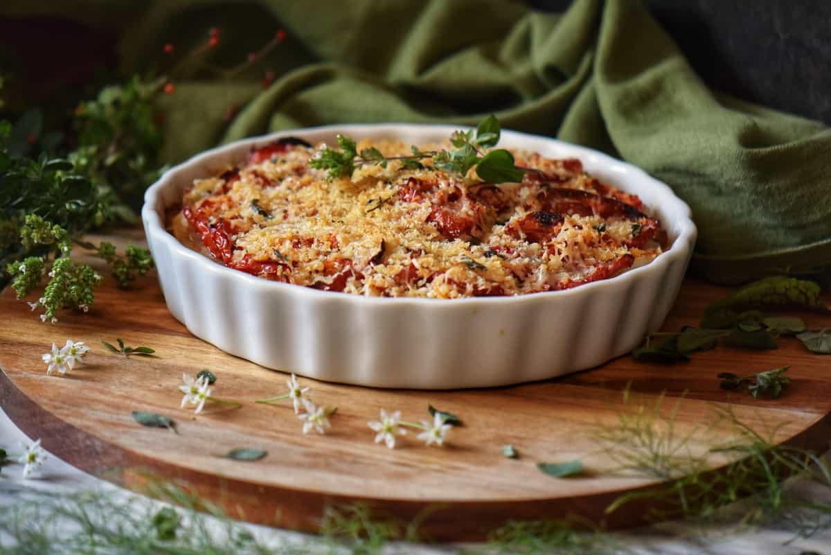 Panko bread crumbs top a vegetable casserole.