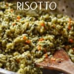 Italian spinach risotto in a sauce pan.