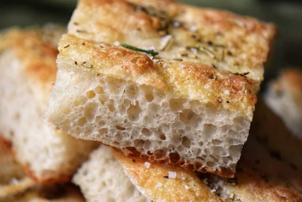 A close up of the airy crumb of this Italian focaccia recipe.