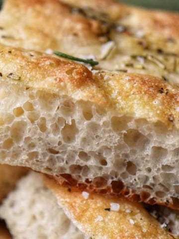 A close up of the airy crumb of this Italian focaccia recipe.