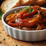 Italian Marinated Bell Peppers in a white ceramic dish.