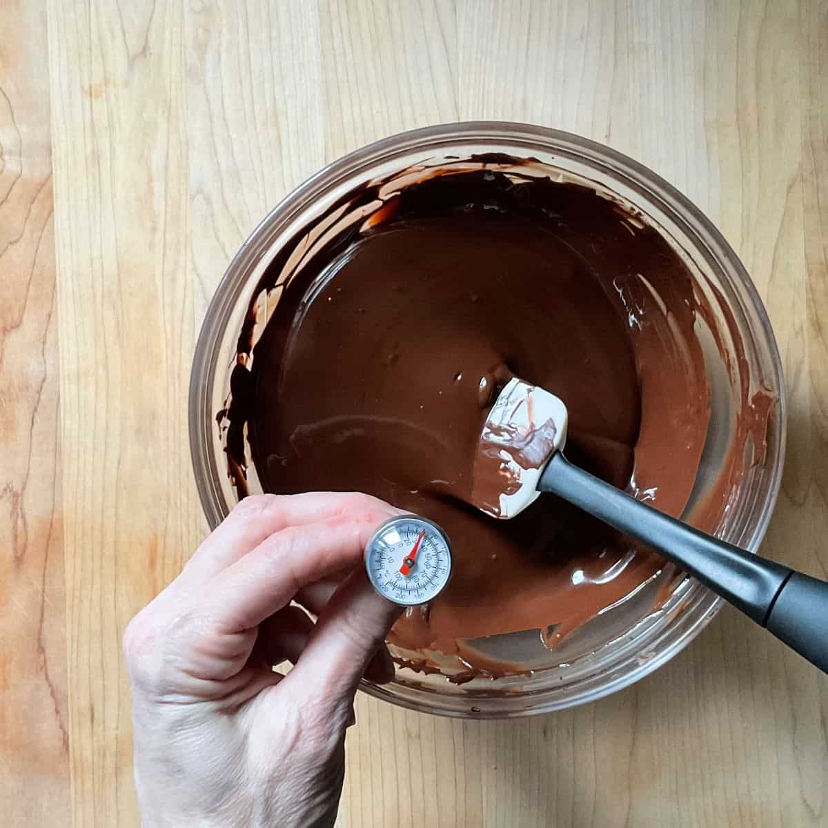 Measuring the temperature of dark chocolate.