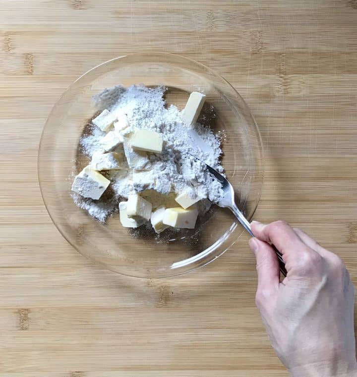 Butter is being combined with a fork to make a beurre Manié.