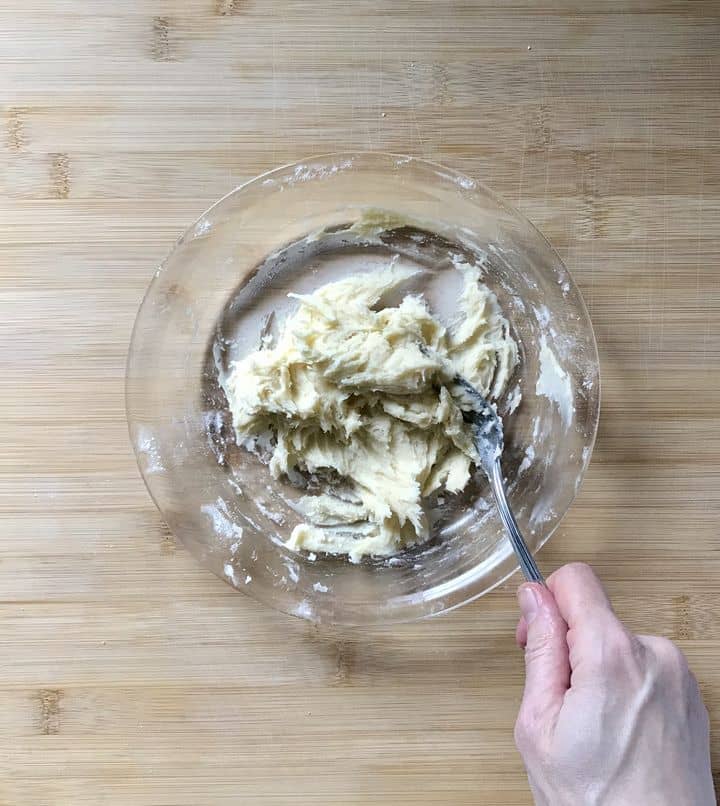 A paste like texture in a pyrex dish.
