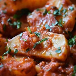 Potato wedges with tomato sauce and parsley.
