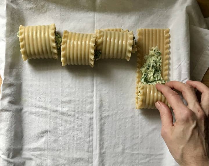 Rolling lasagna noodles filled with a spinach ricotta filling.