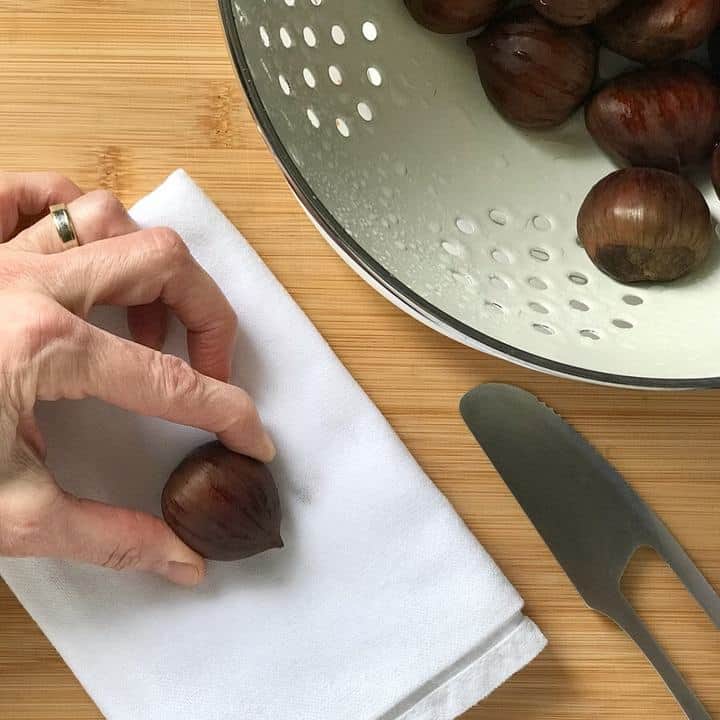 A single chestnut placed on a white tea towel, about to be scored.