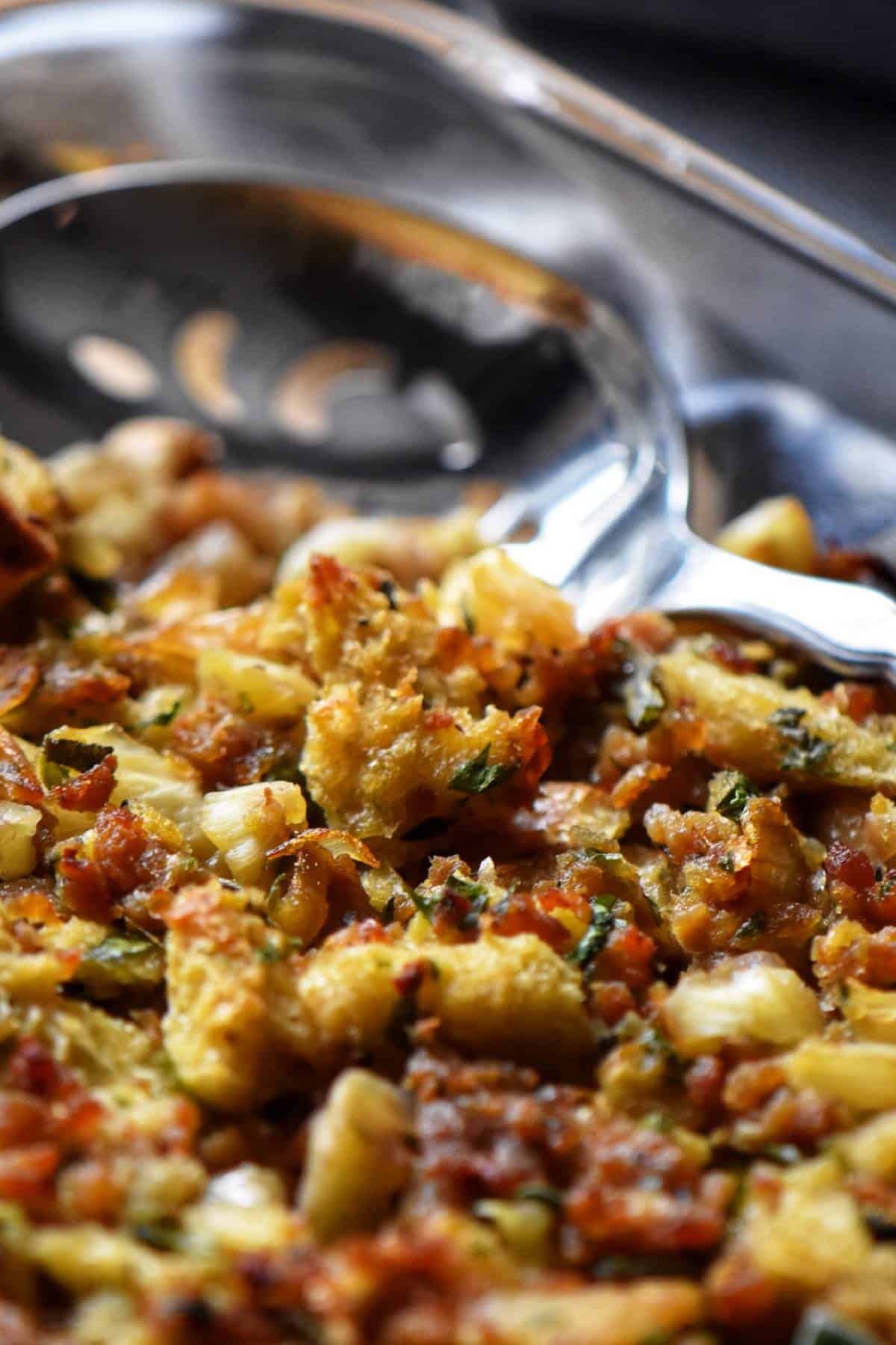 Complete chestnut stuffing recipe in a baking dish, ready to be served.