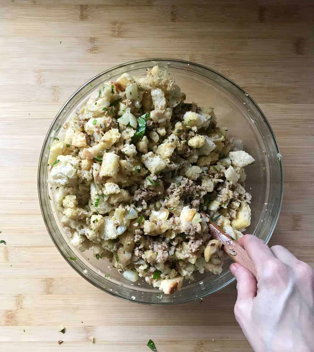 The chestnut stuffing recipe tossed together in a bowl.