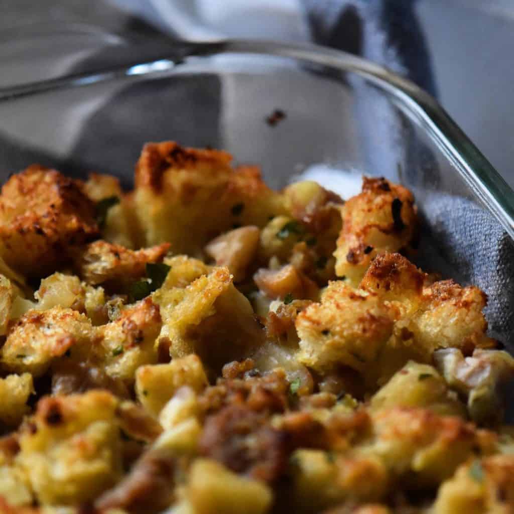 A close up of the crispy topping of chestnut stuffing.