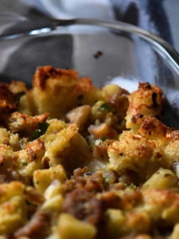 A close up of the crispy topping of chestnut stuffing.