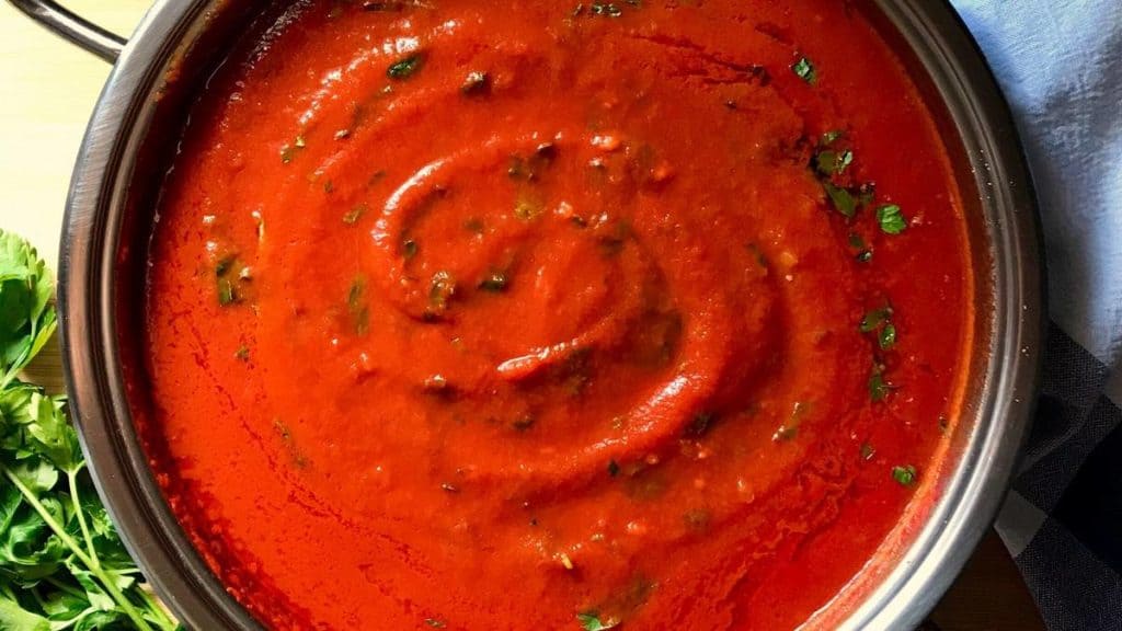 Tomato sauce in a saucepan.
