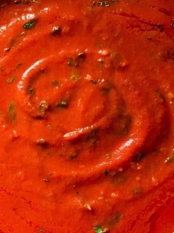 Tomato sauce in a saucepan.