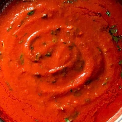 Tomato sauce in a saucepan.