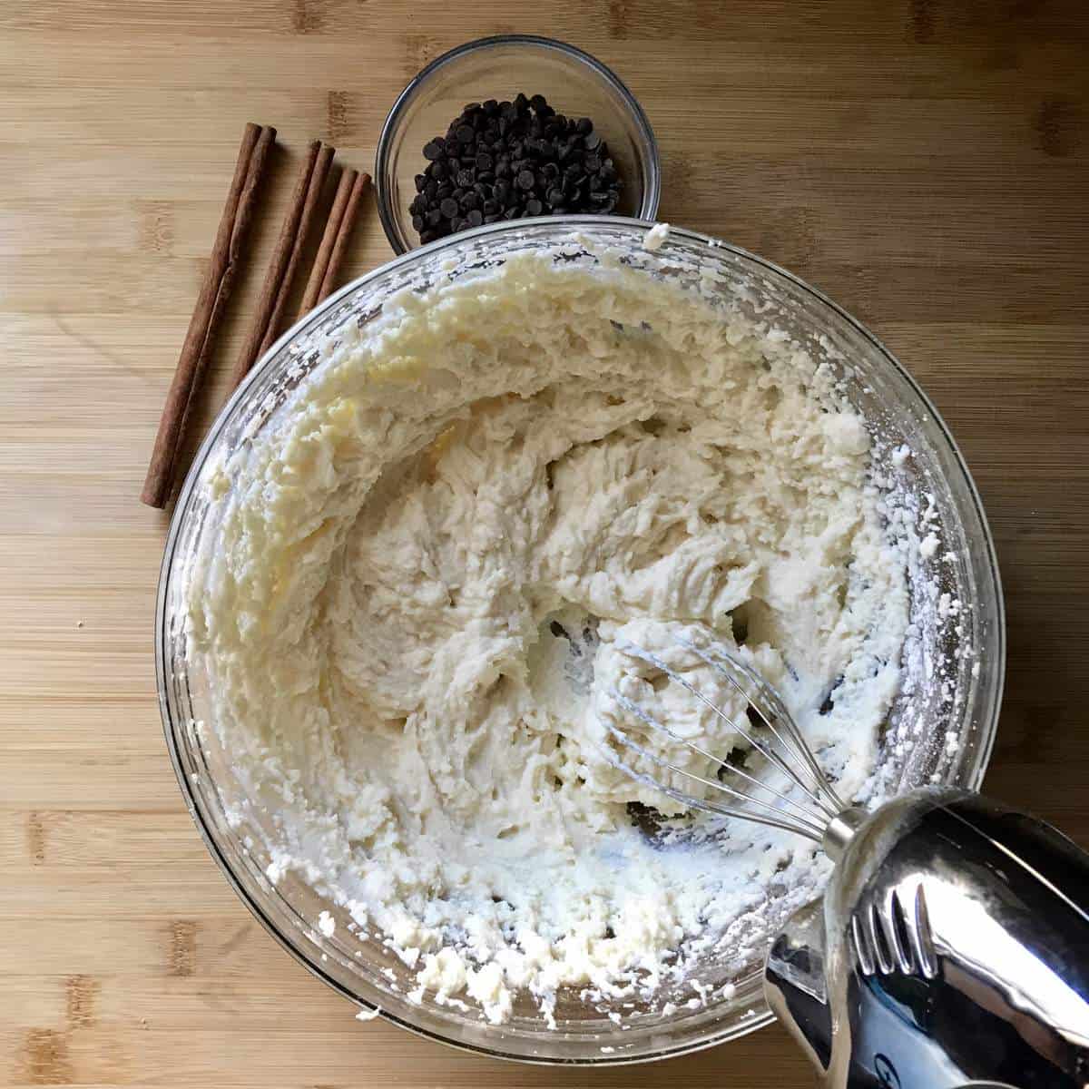 Ricotta and mascarpone cheese being whipped.