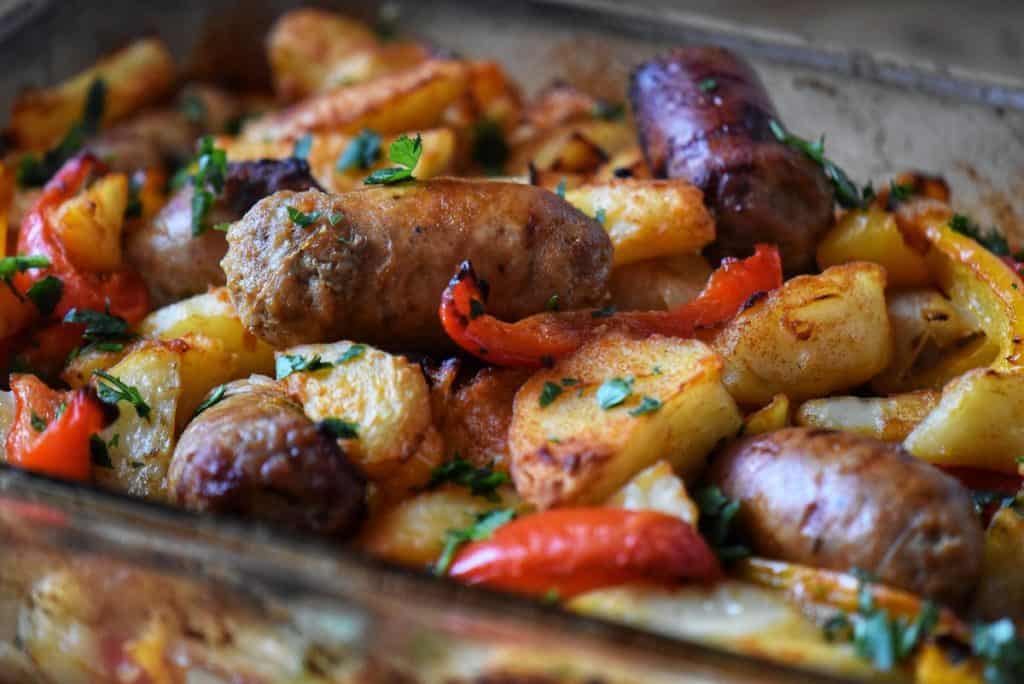 Italian sausage dinner in a baking dish.