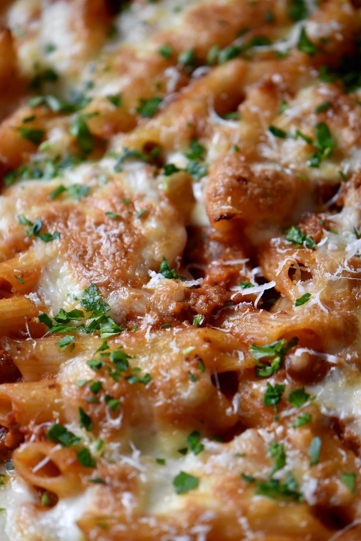 A close up of mozzarella on baked pasta.